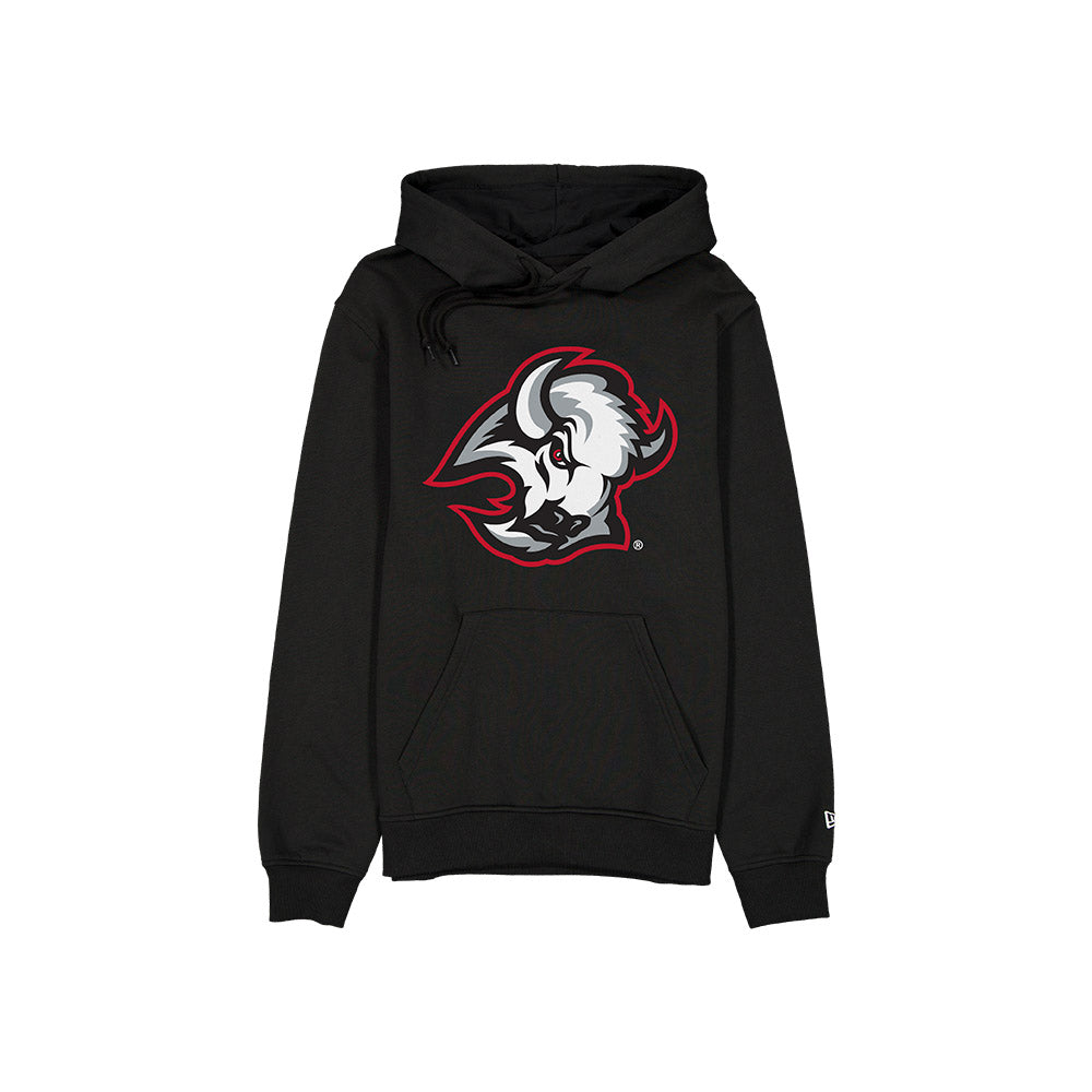 Black hoodie with a logo on the chest against a white background