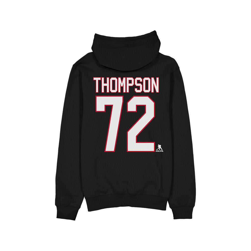 Black hoodie with 'THOMPSON 72' printed on the back against a white background