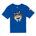 Blue t-shirt with a cartoon character on a white background