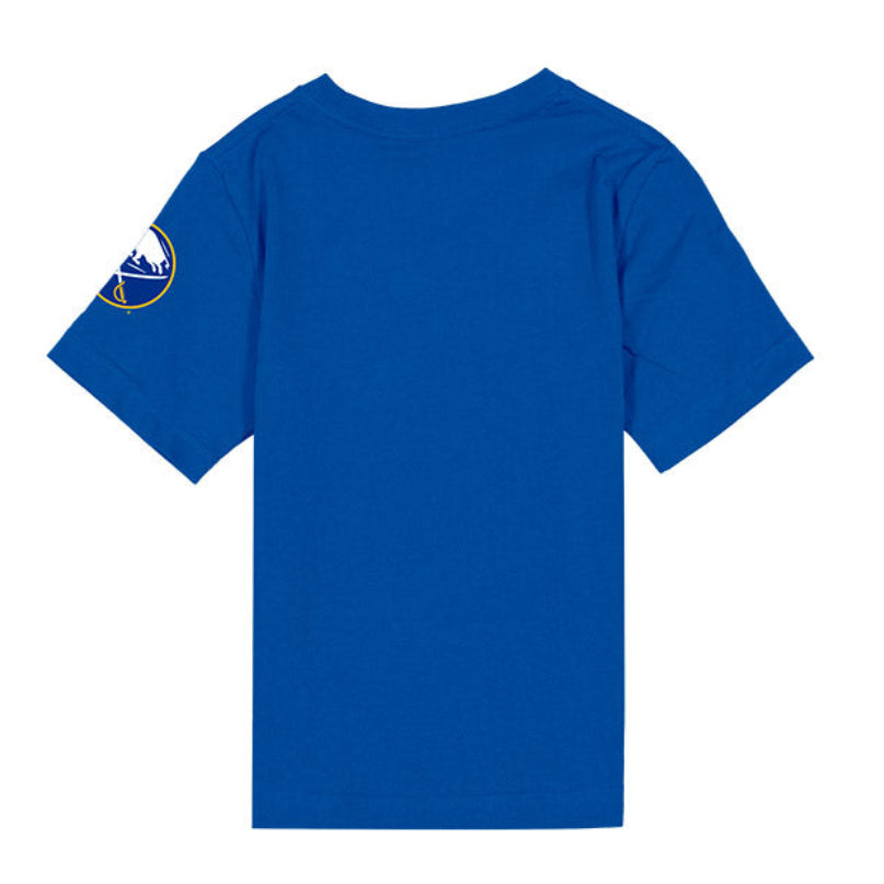 Blue t-shirt with a small logo on the sleeve against a white background
