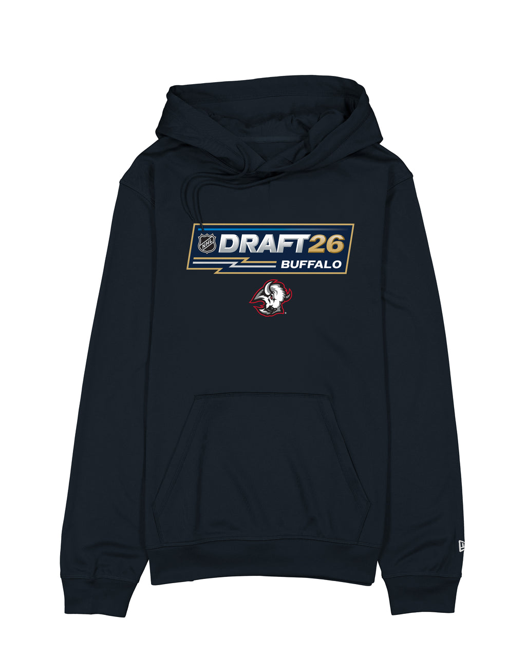 Navy hoodie with 'Draft26 Buffalo' text and logo on a white background