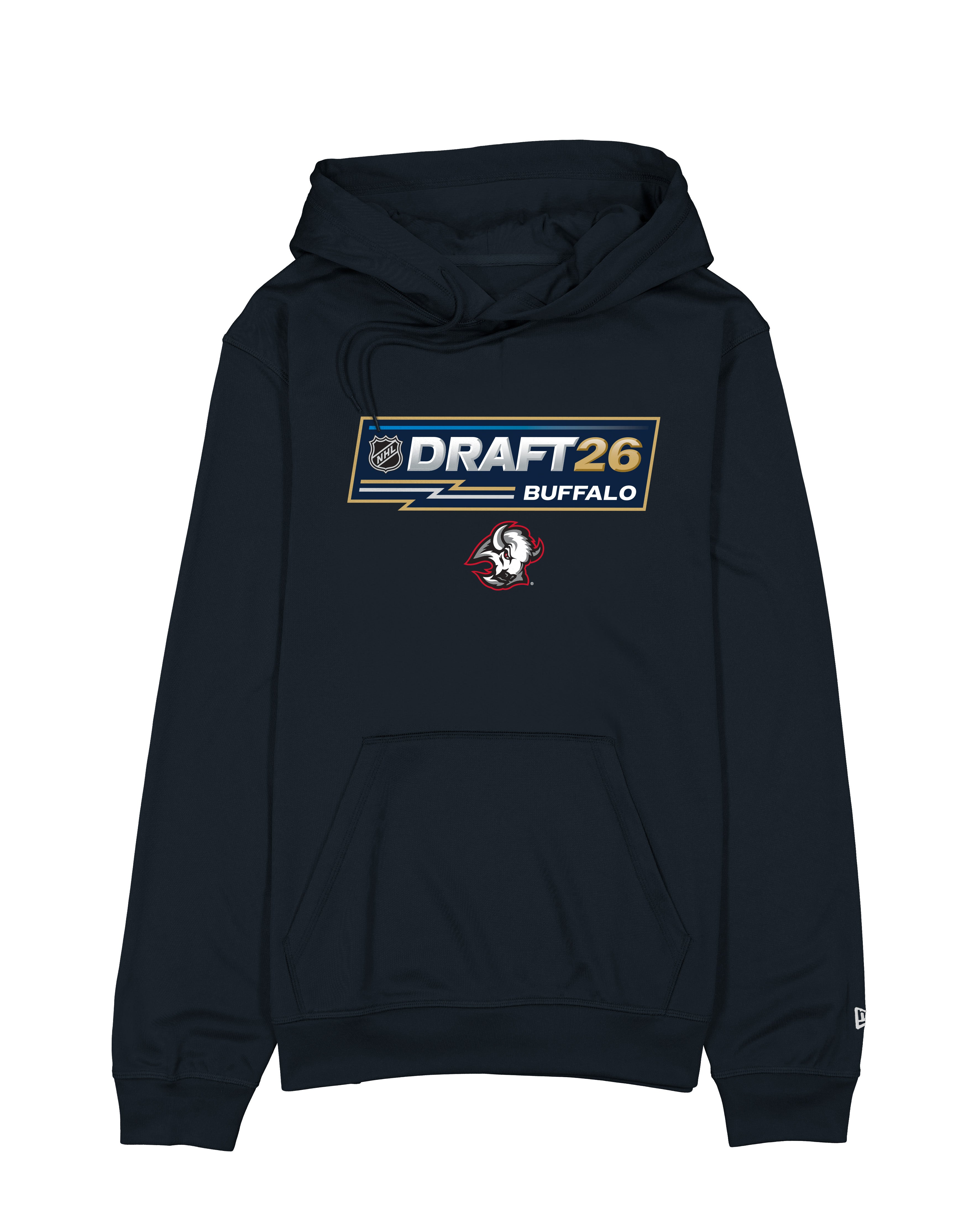 Navy hoodie with 'Draft26 Buffalo' text and logo on a white background