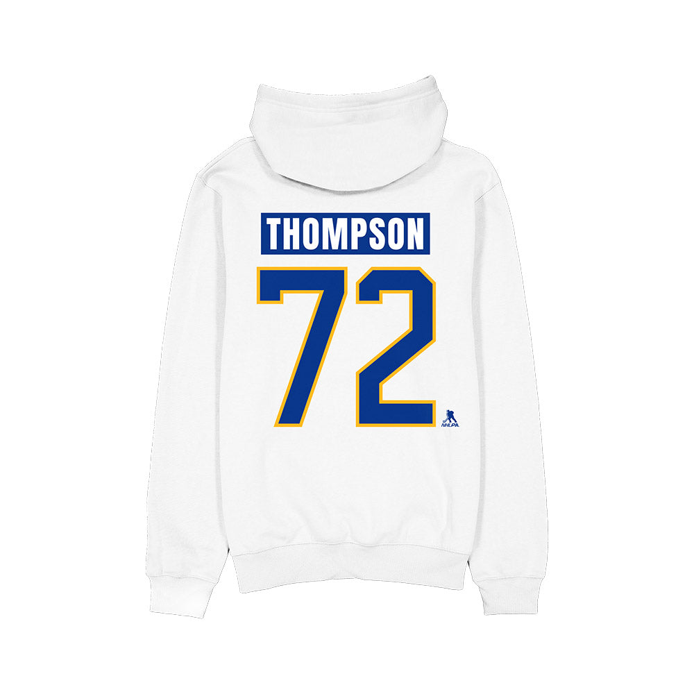 White hoodie with 'THOMPSON 72' printed on the back against a white background