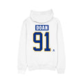 White hoodie with 'DOAN 91' printed on the back against a white background