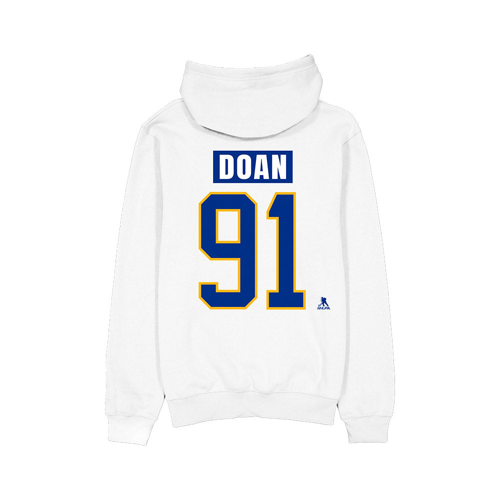 White hoodie with 'DOAN 91' printed on the back against a white background