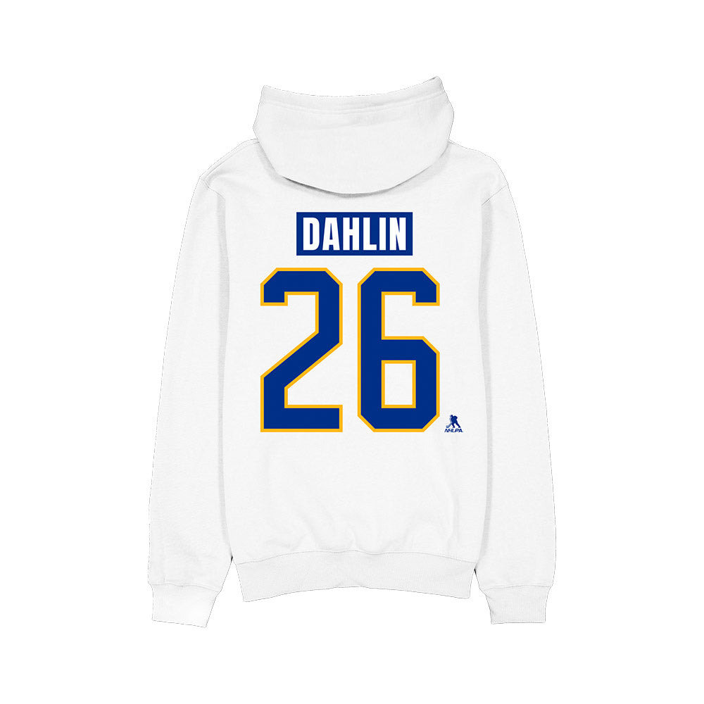 White hoodie with 'Dahlen' and number '26' printed on the back against a white background