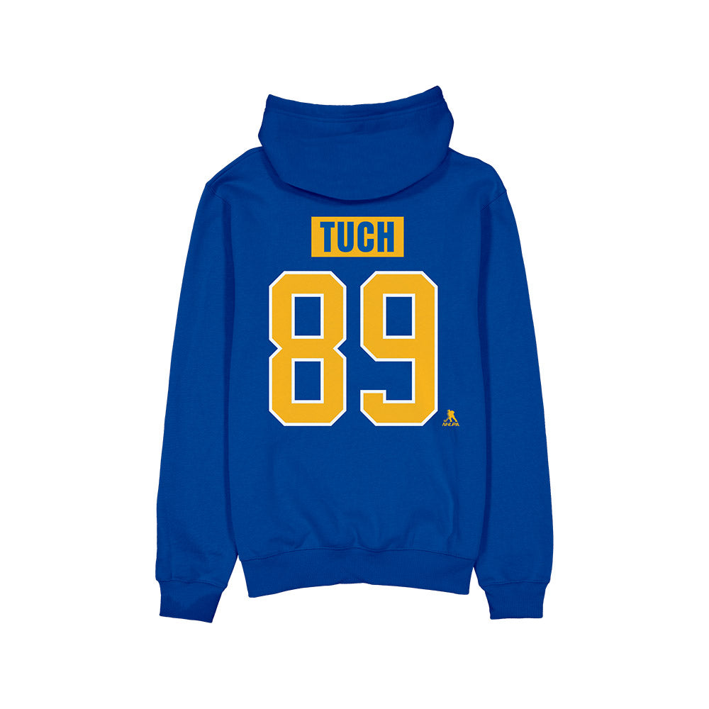 Blue hoodie with 'TUCH' and number '89' on the back against a white background