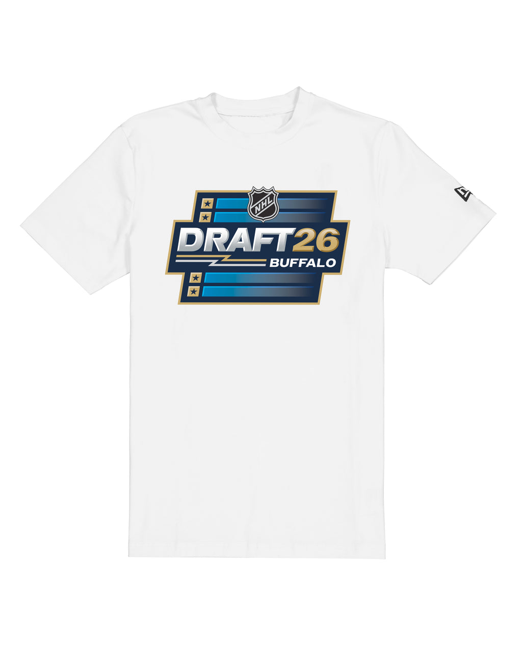 White t-shirt with NHL Draft 26 Buffalo logo on a white background