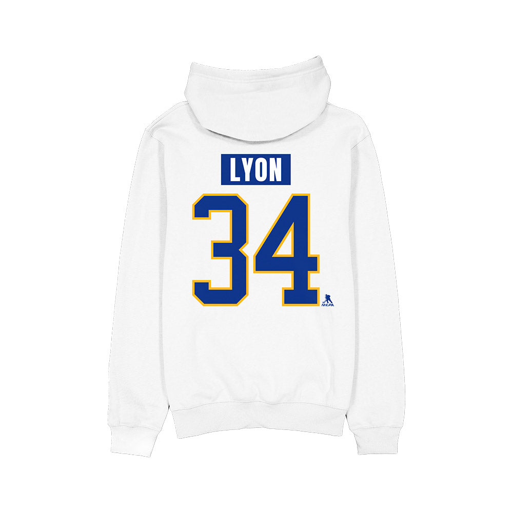 White hoodie with 'LYON 34' printed on the back against a white background
