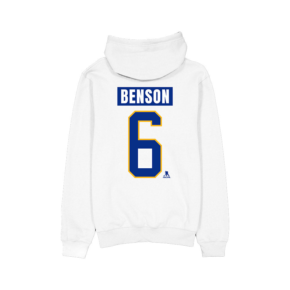 White hoodie with 'Benson' and number '6' printed on the back against a white background