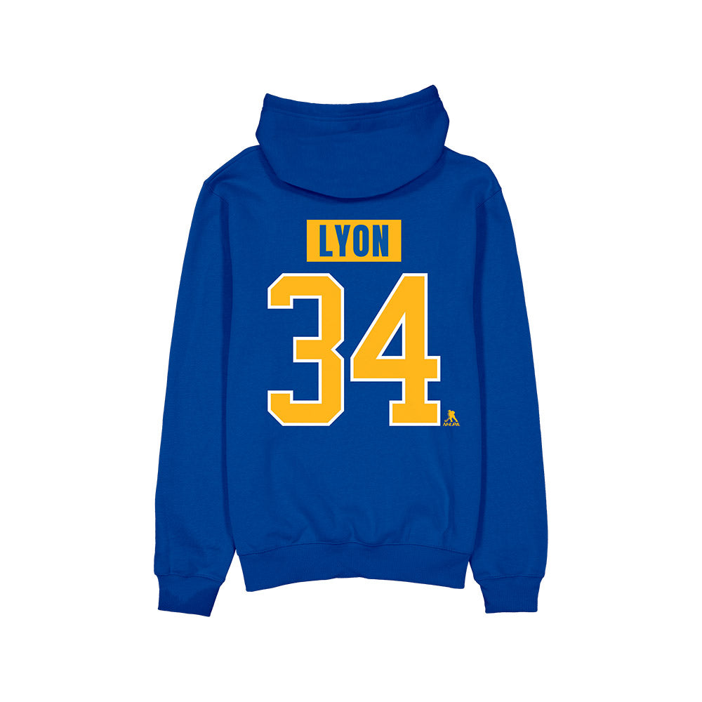Blue hoodie with 'LYON 34' printed on the back against a white background