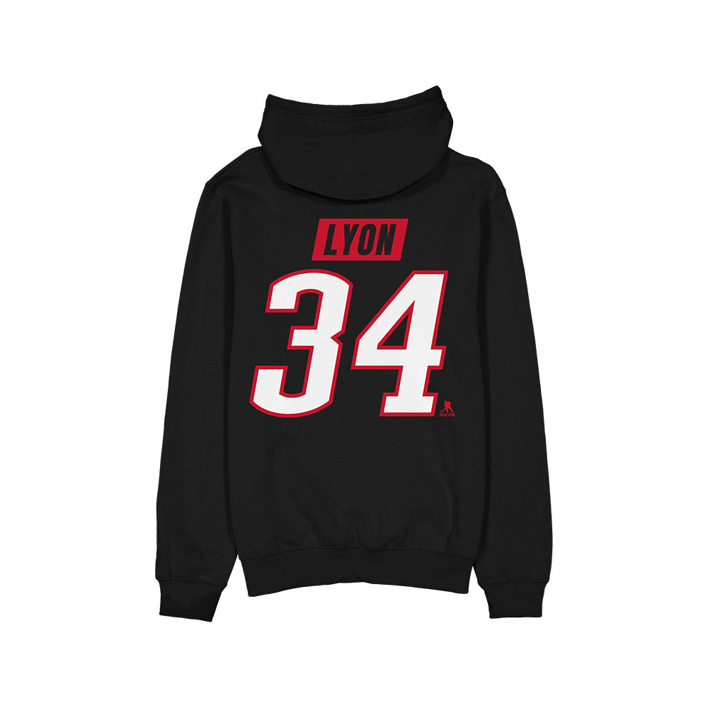 Black hoodie with 'LYON 34' printed on the back against a white background