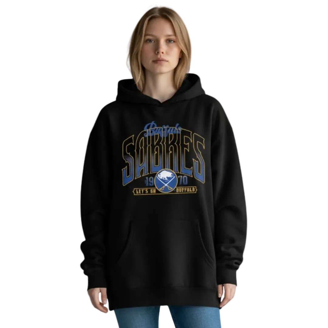 Person wearing a black hoodie with 'Sabres' logo on a gray background