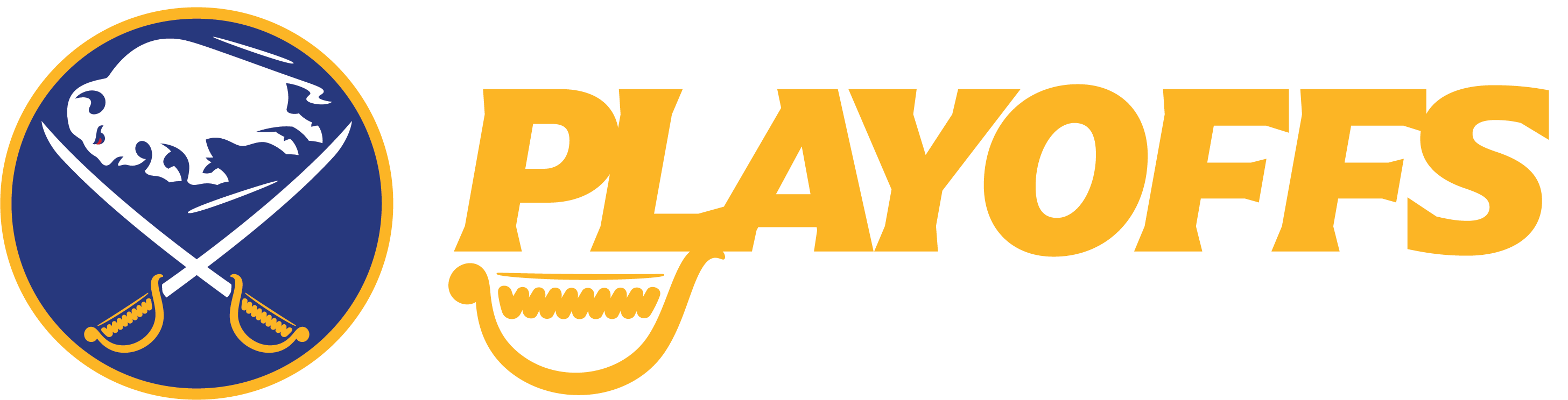 Sabres logo with hockey elements and 'Playoffs' text on a blue and yellow background