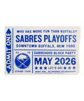 Promotional poster for Sabres Playoffs event in Buffalo, New York, with blue text on a white background.