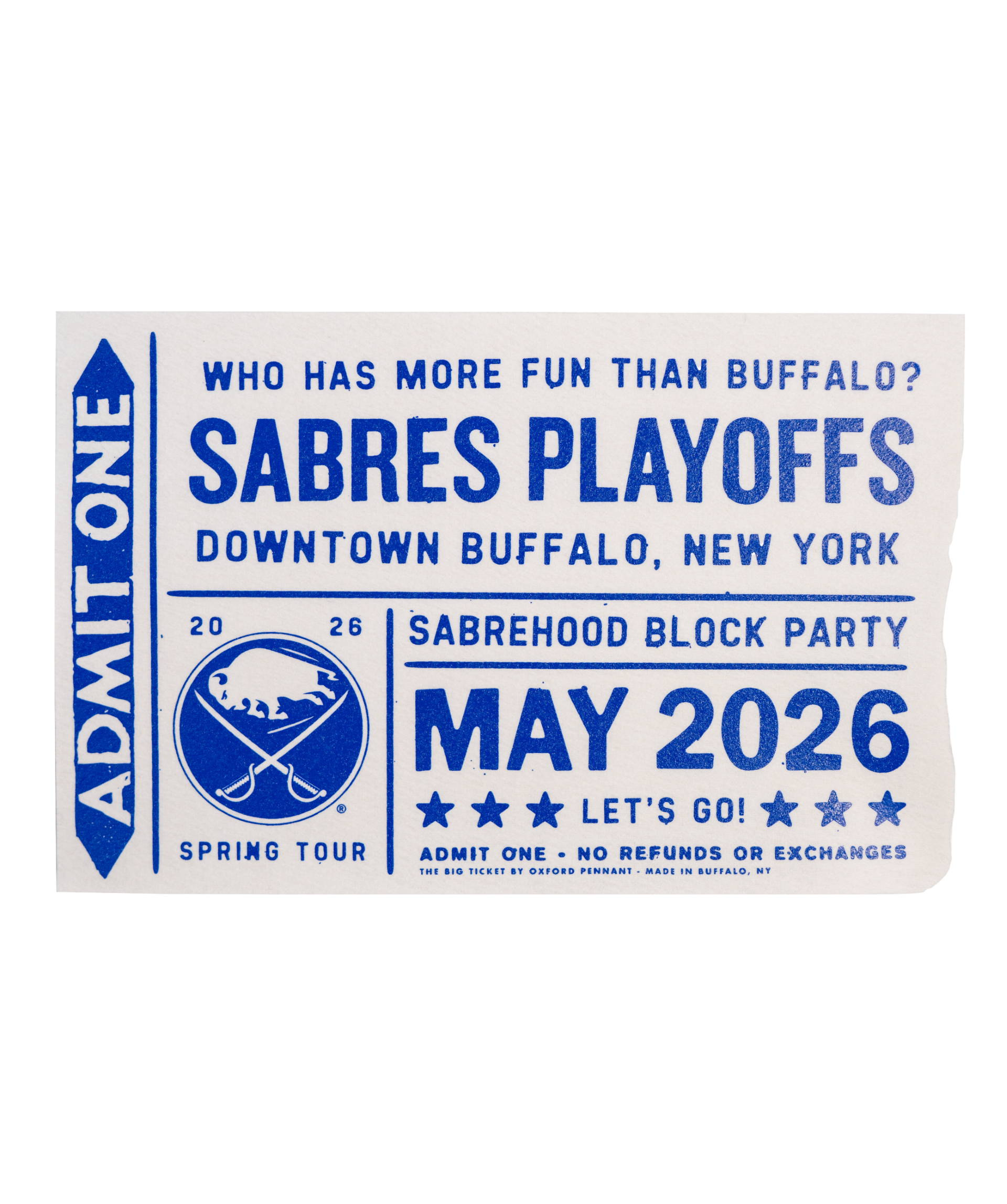 Promotional poster for Sabres Playoffs event in Buffalo, New York, with blue text on a white background.