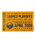 Promotional poster for Sabres Playoffs event in Buffalo, New York, with blue text on a yellow background.