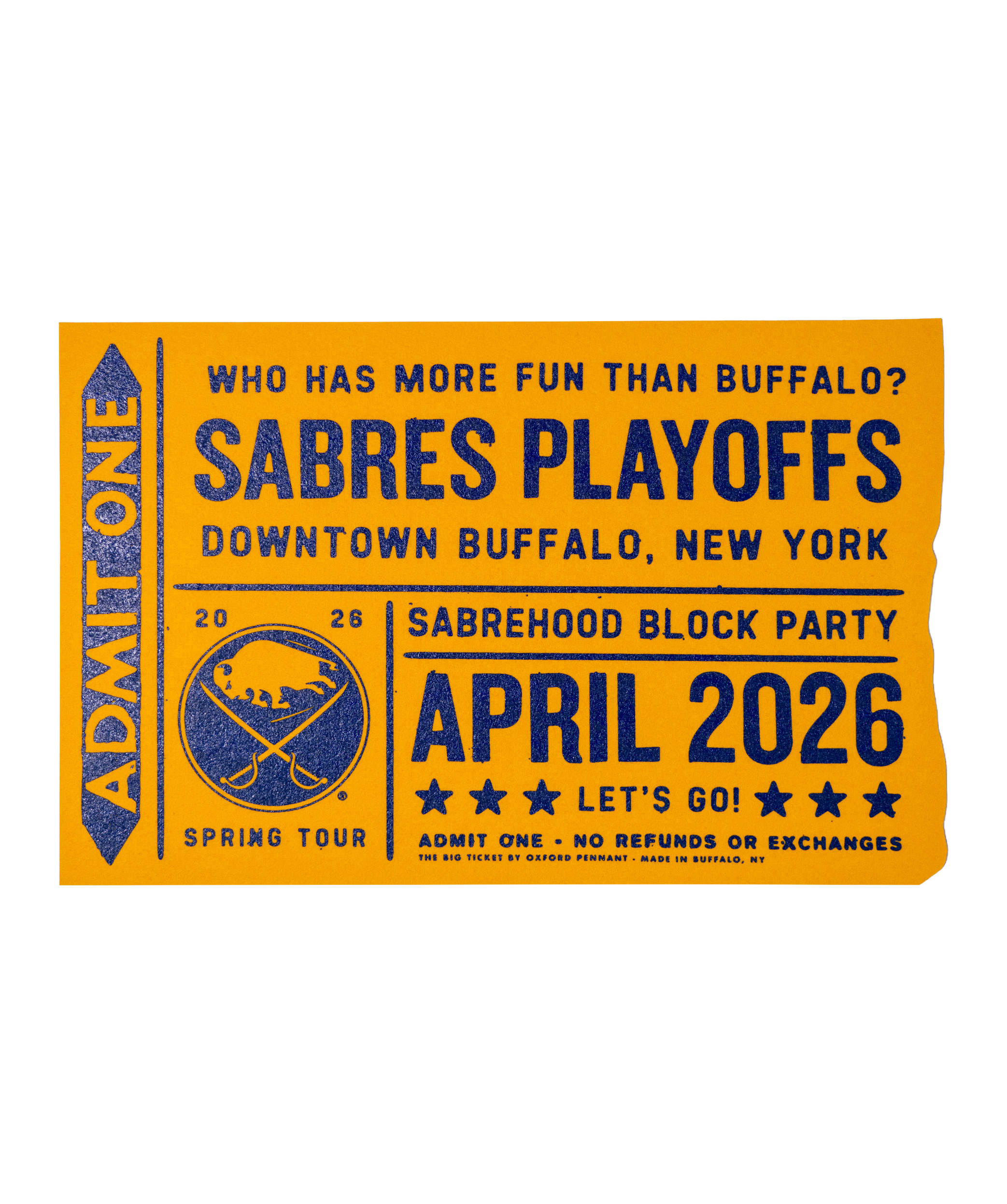 Promotional poster for Sabres Playoffs event in Buffalo, New York, with blue text on a yellow background.