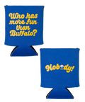 Two blue can coolers with yellow text on a white background