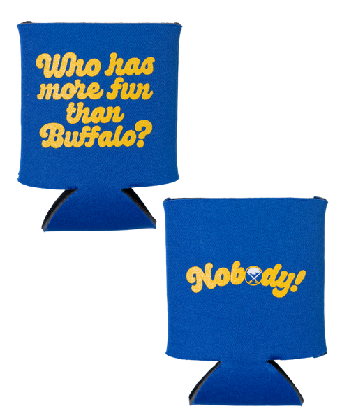 Two blue can coolers with yellow text on a white background