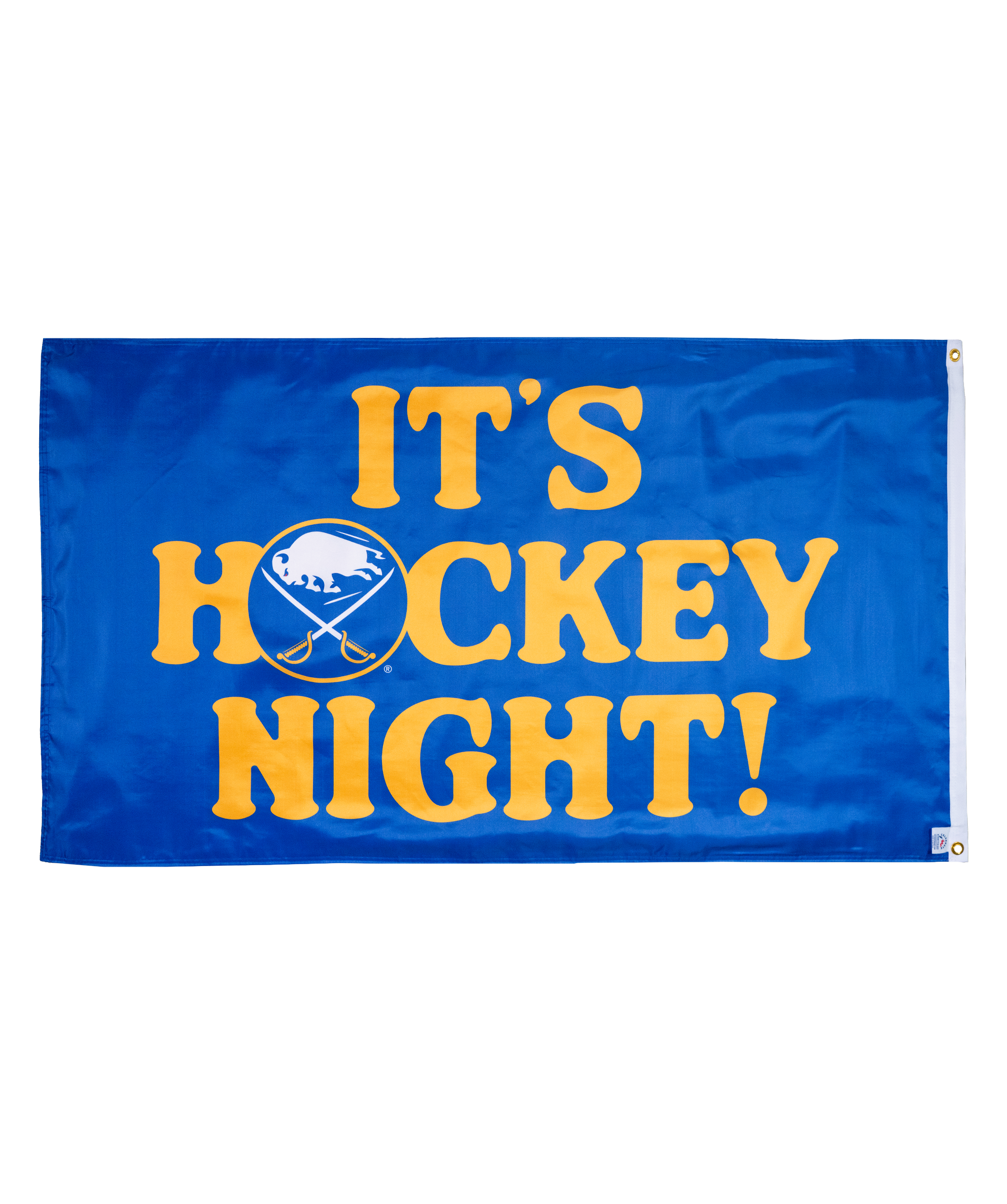 Blue flag with yellow text 'It's Hockey Night!' and a logo on a white background