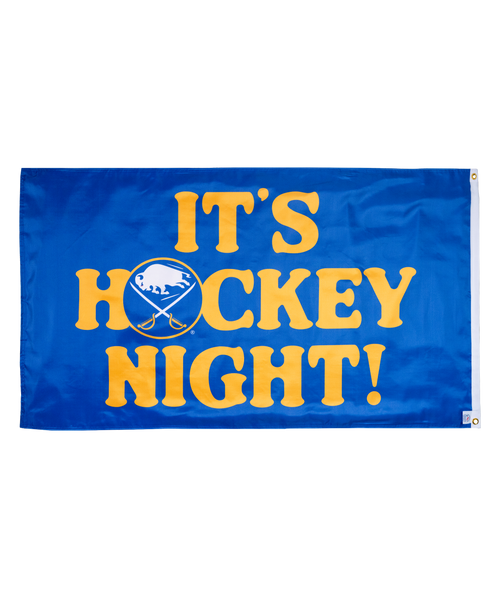 Blue flag with yellow text 'It's Hockey Night!' and a logo on a white background