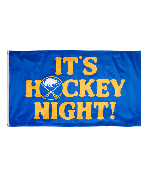 Blue flag with yellow text 'It's Hockey Night!' and a logo on a white background