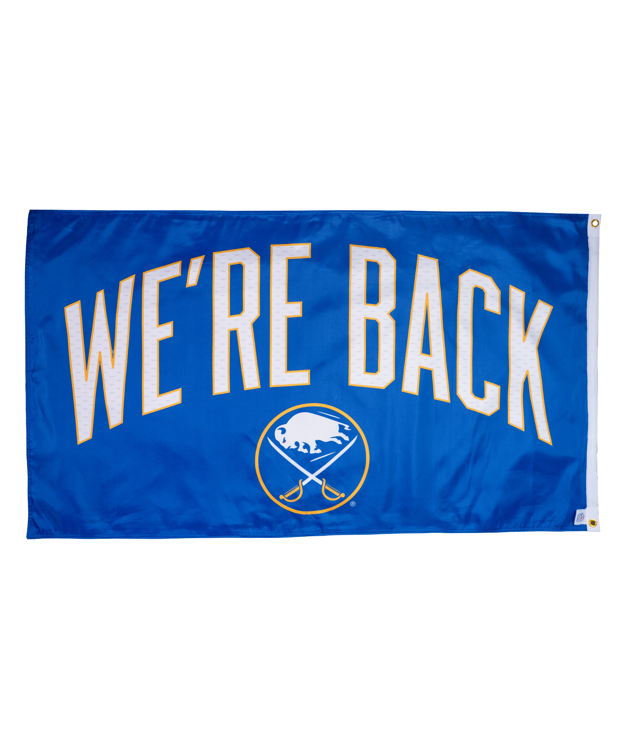 Blue flag with 'WE'RE BACK' text and logo on a white background