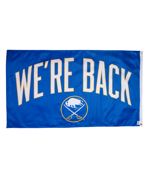 Blue flag with 'WE'RE BACK' text and logo on a white background