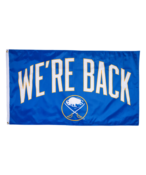 Blue flag with 'WE'RE BACK' text and a logo on a white background