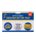 Buffalo Sabres souvenir button pack with three buttons on a blue and yellow packaging.