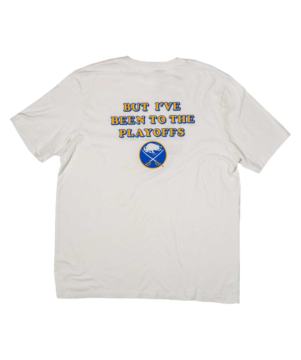 White t-shirt with text and logo on a white background
