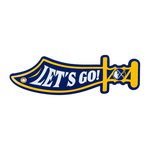 Decorative item shaped like a sword with 'Let's Go!' text on a white background