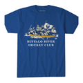 Blue t-shirt with 'Buffalo River Hockey Club' graphic on a white background