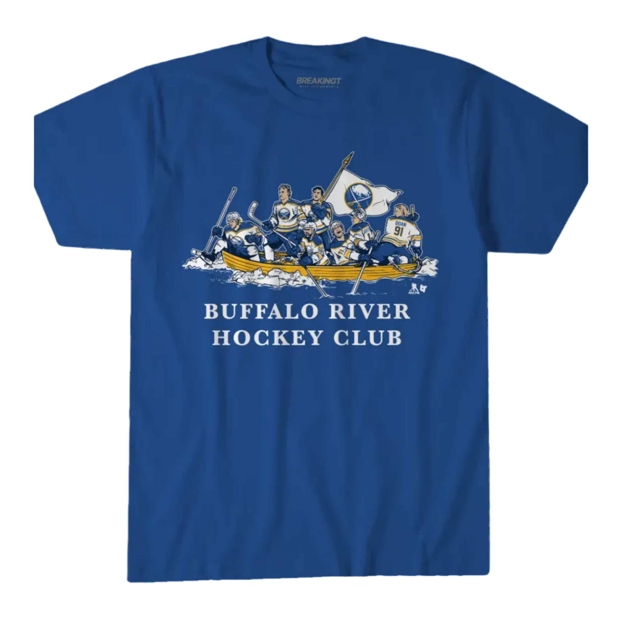 Blue t-shirt with 'Buffalo River Hockey Club' graphic on a white background