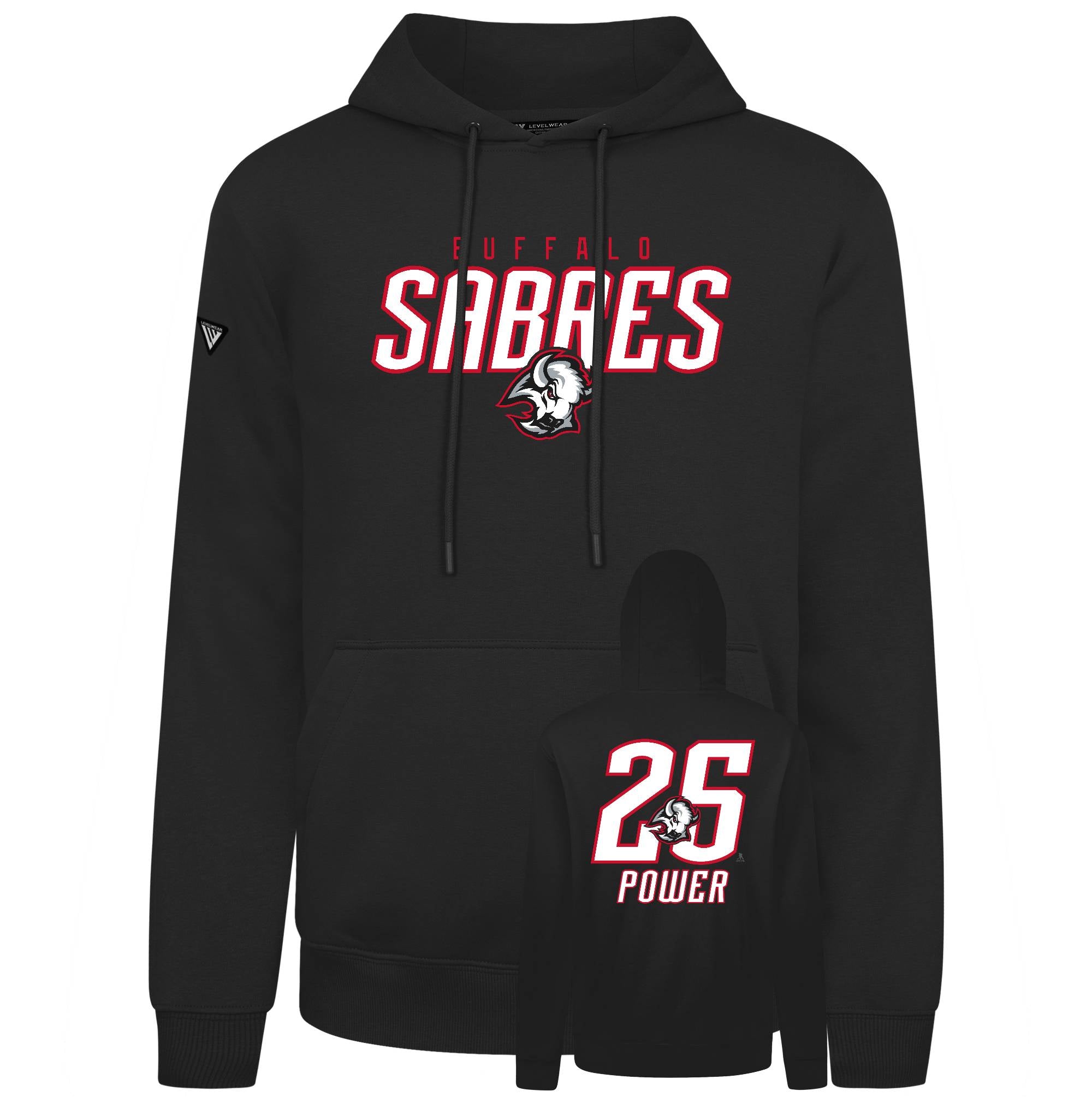 Black hoodie with 'Buffalo Sabres' and number '25' design on a white background