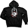 Black hoodie with a logo on the chest against a white background