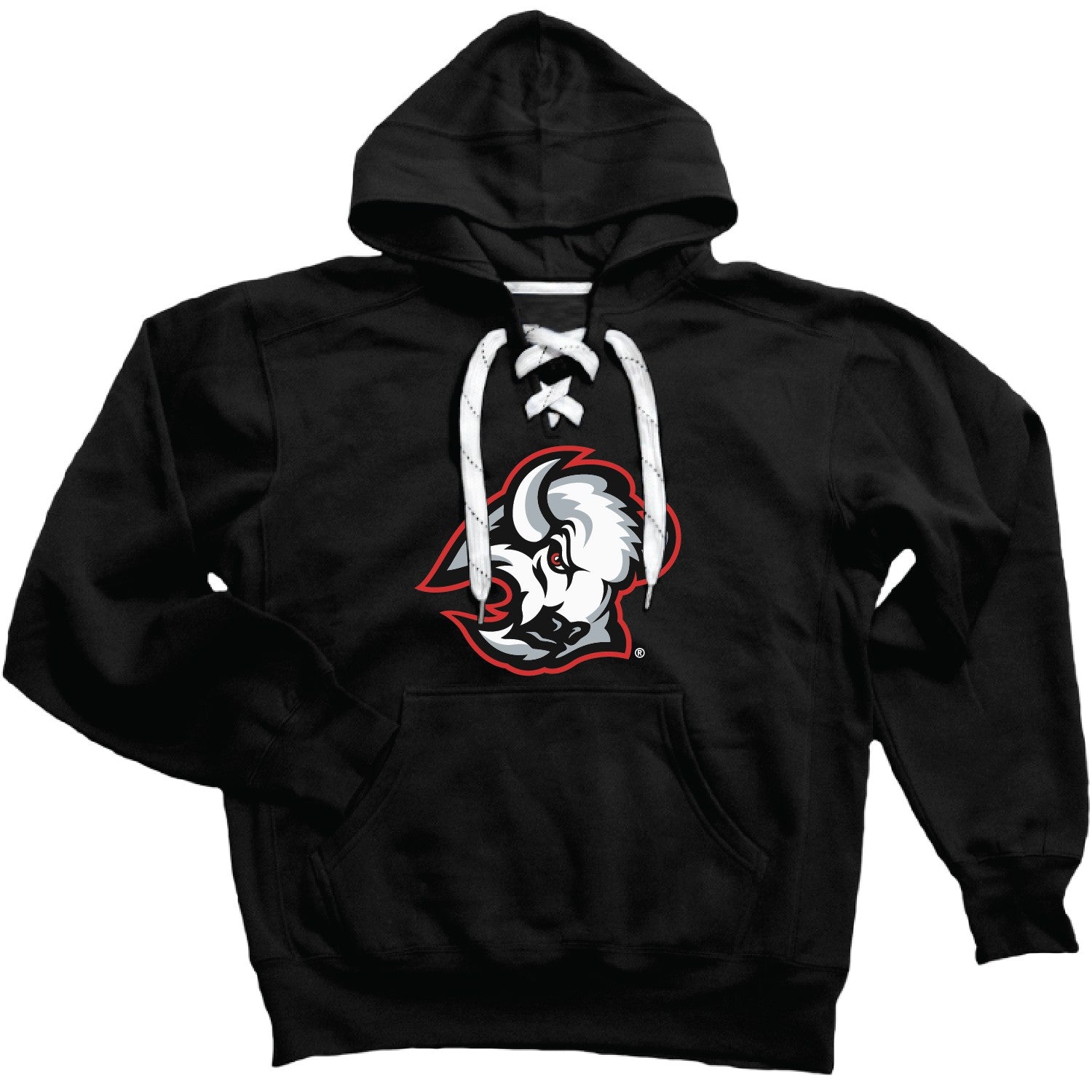 Black hoodie with a logo on the chest against a white background