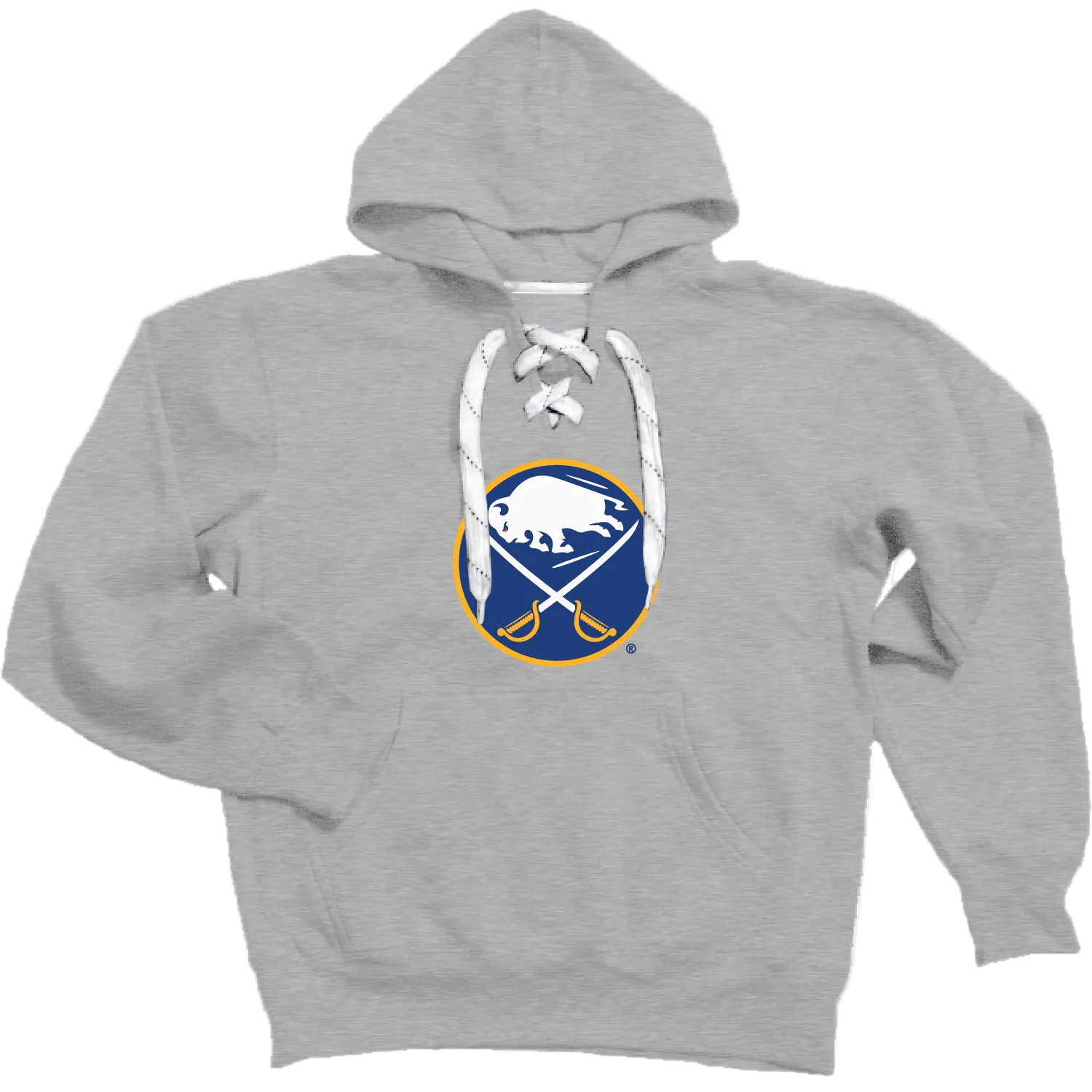 Gray hoodie with a sports team logo on a white background