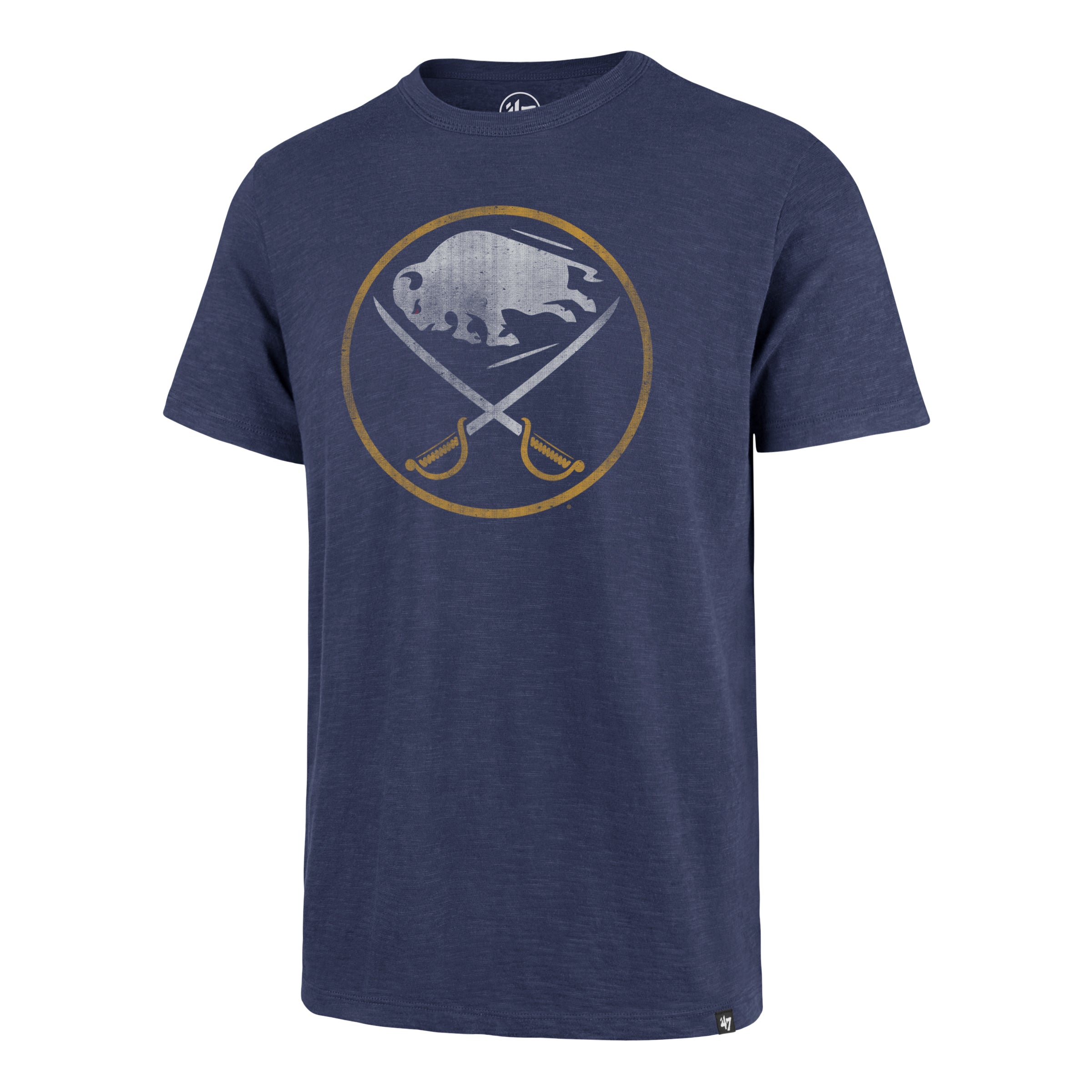 Navy blue t-shirt with a logo featuring a buffalo and crossed swords on a white background