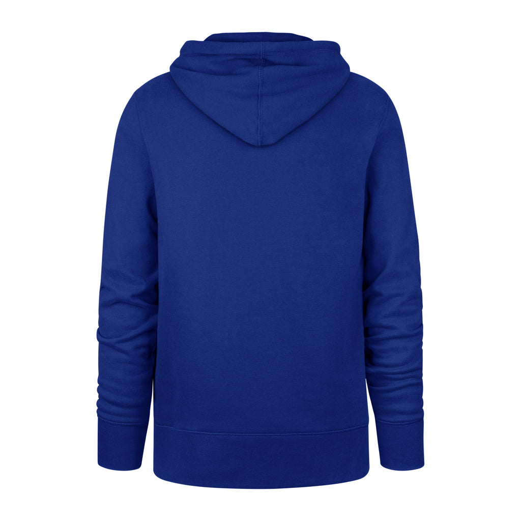 Blue hoodie shown from the back on a white background