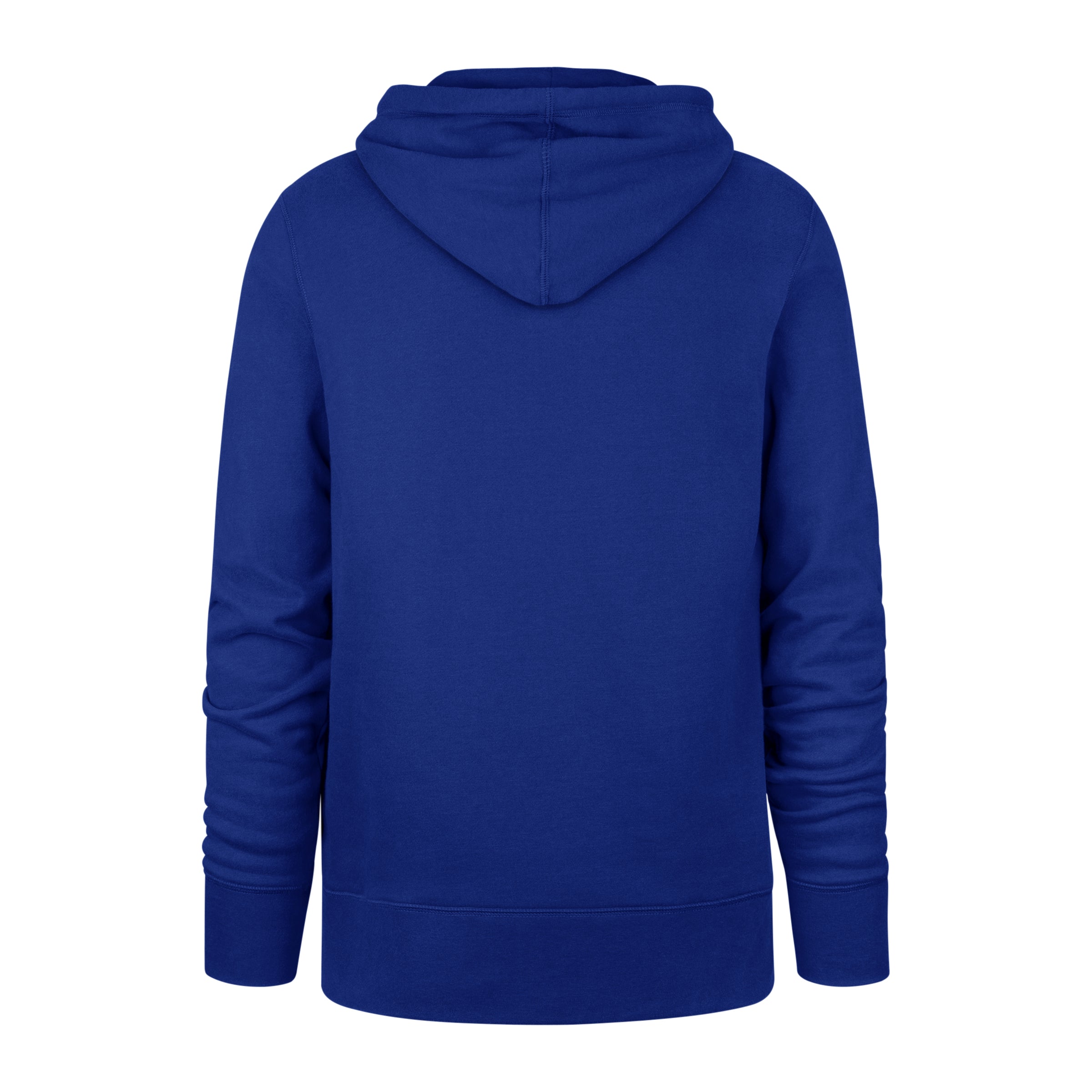Blue hoodie shown from the back on a white background