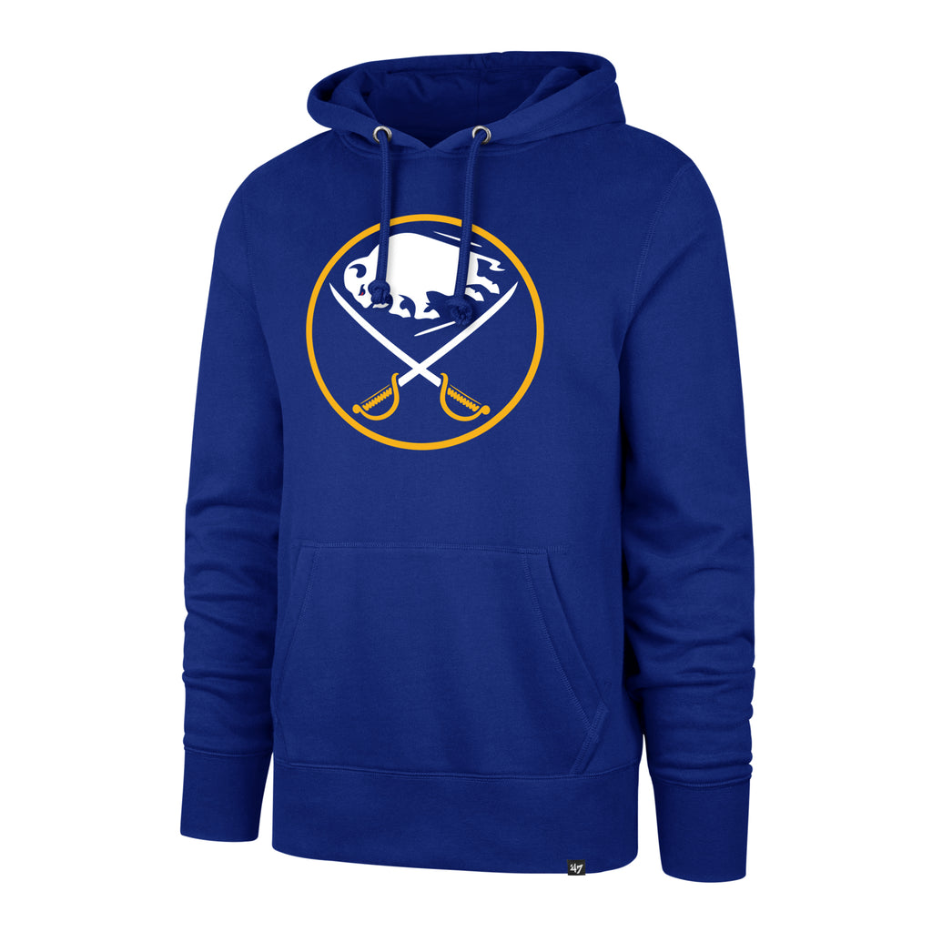 Blue hoodie with a logo on a white background