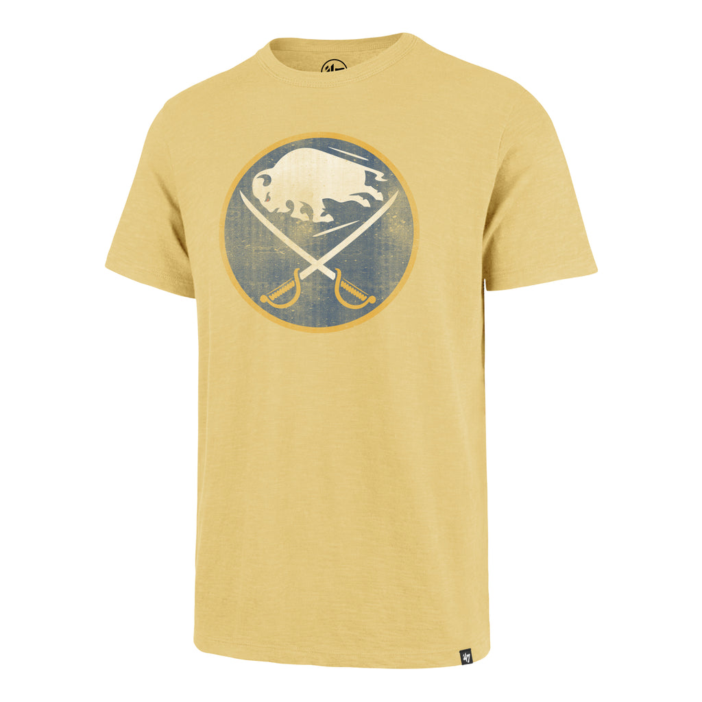 Yellow t-shirt with a logo on a white background