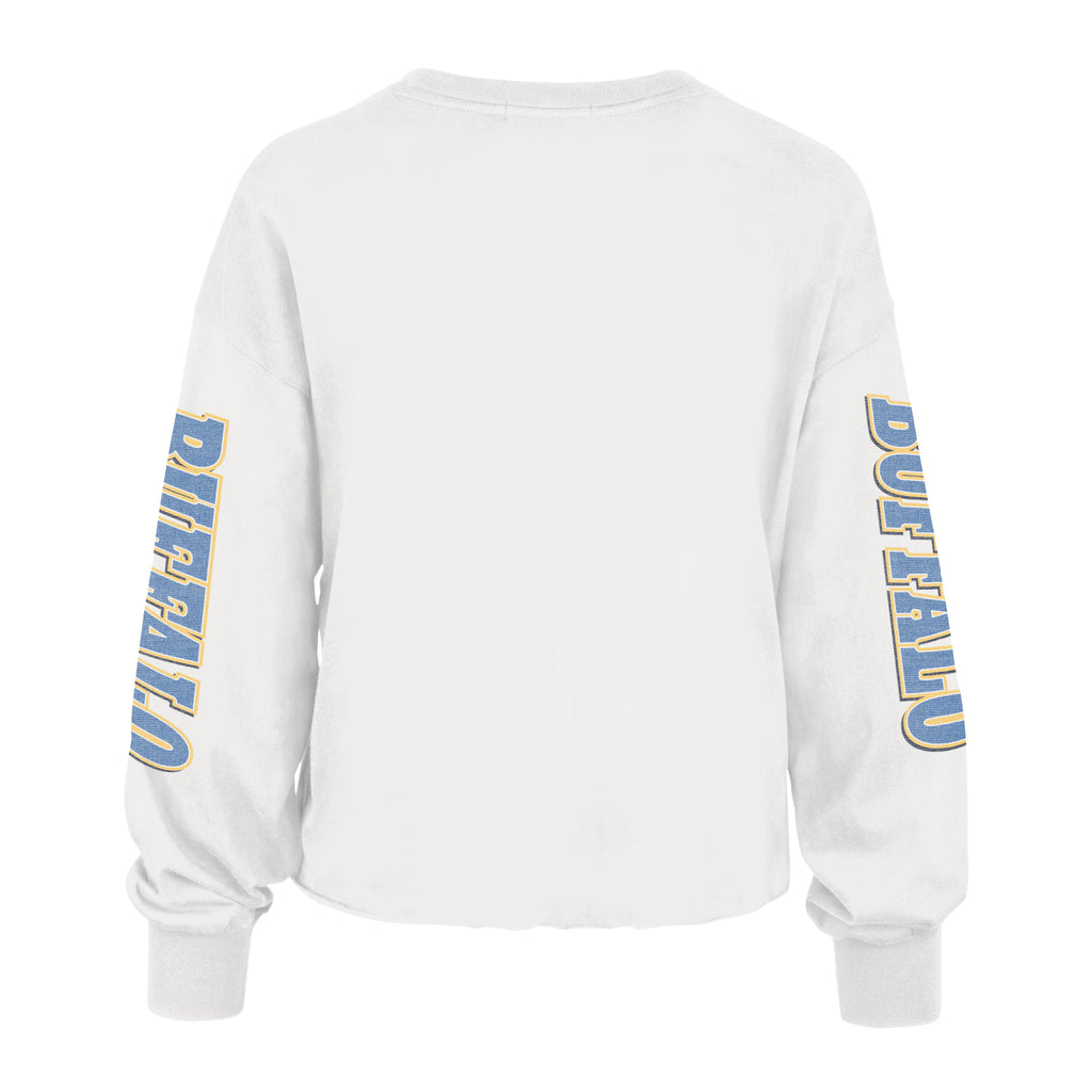 White long-sleeve shirt with 'Buffalo' printed on the sleeves against a white background