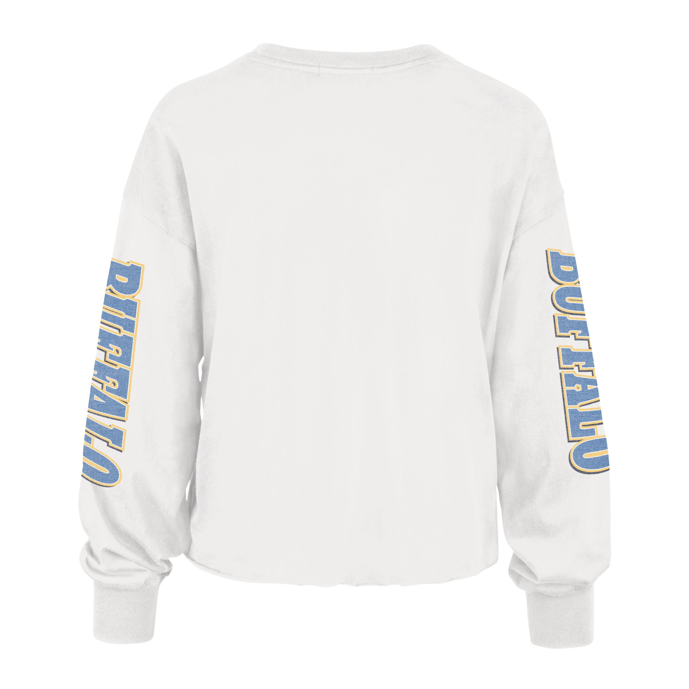 White long-sleeve shirt with 'Buffalo' printed on the sleeves against a white background