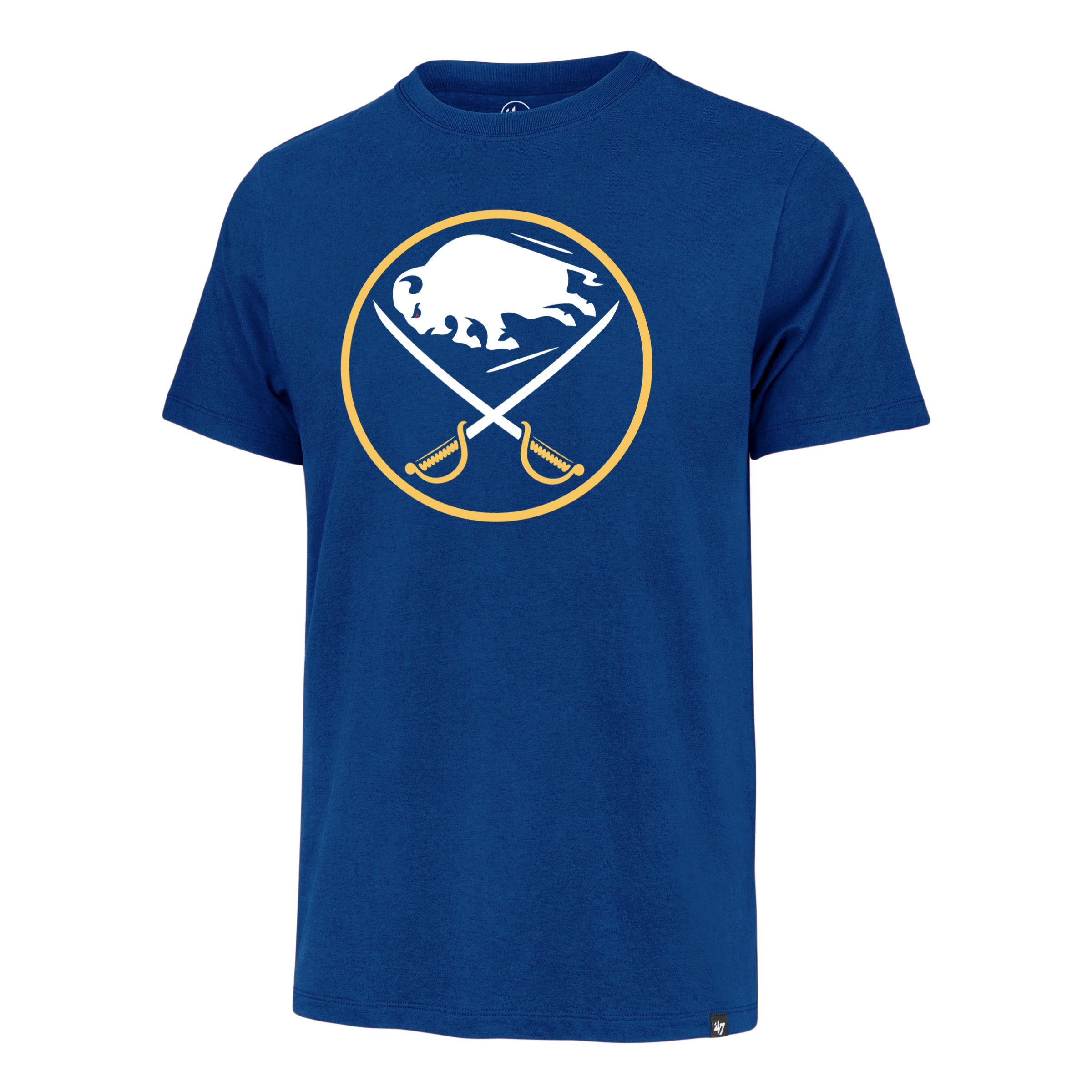 Blue t-shirt with a logo featuring a buffalo and crossed swords on a white background