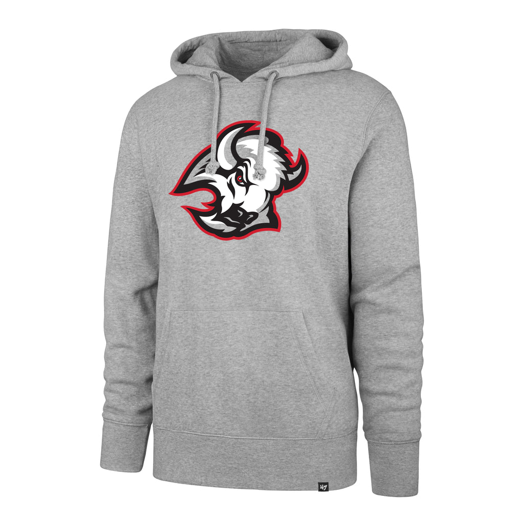 Gray hoodie with a red and black logo on a white background