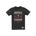 A black distressed short-sleeve t-shirt featuring a vintage-style graphic for the Buffalo Sabres Atlantic Division hockey team, displayed on a solid white background.