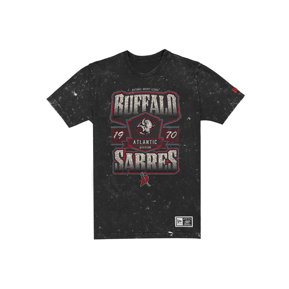 A black distressed short-sleeve t-shirt featuring a vintage-style graphic for the Buffalo Sabres Atlantic Division hockey team, displayed on a solid white background.
